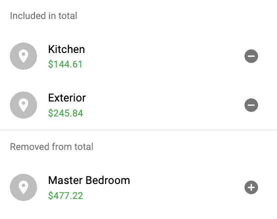 Screenshot of an estimate with a kitchen, exterior, and master bedroom. The master bedroom isn't included in the price.